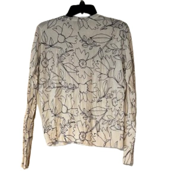 Loft Off-White Long Sleeve Cardigan w/Black Stitched Flowers - Medium - Picture 2 of 4